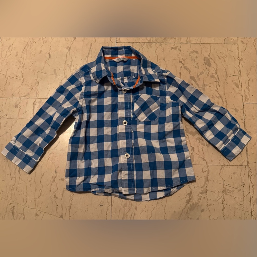 Boy BABY BODEN white Blue Plaid Checkered Button Down L/s Shirt Sz 12-18 M EUC